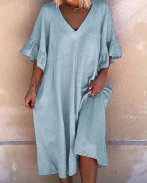 Casual Solid Tunic V-Neckline Shift Dress