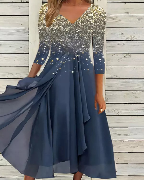 Elegant Print V-Neck Long Sleeve Dress