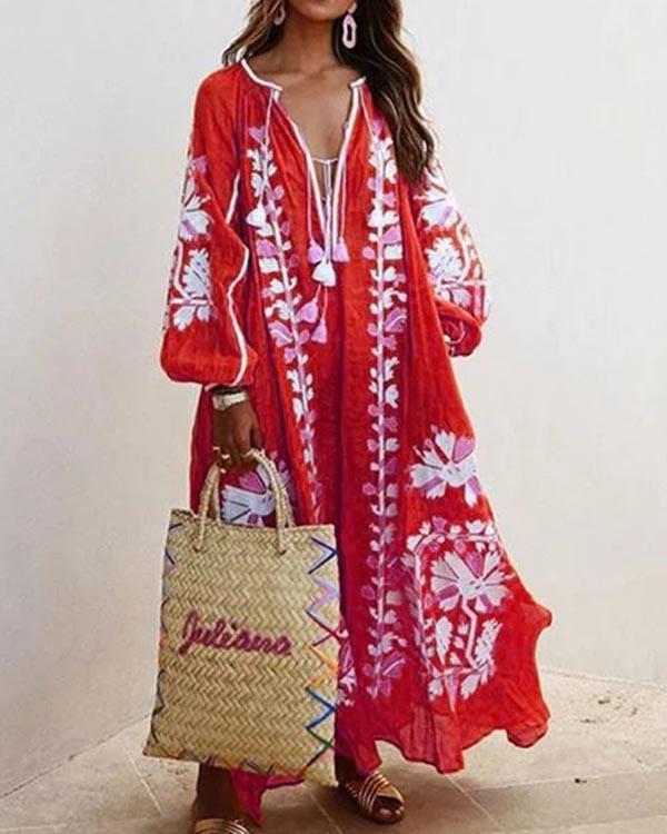 Plus Size Dress Balloon Sleeves Boho Printed Maxi Dresses