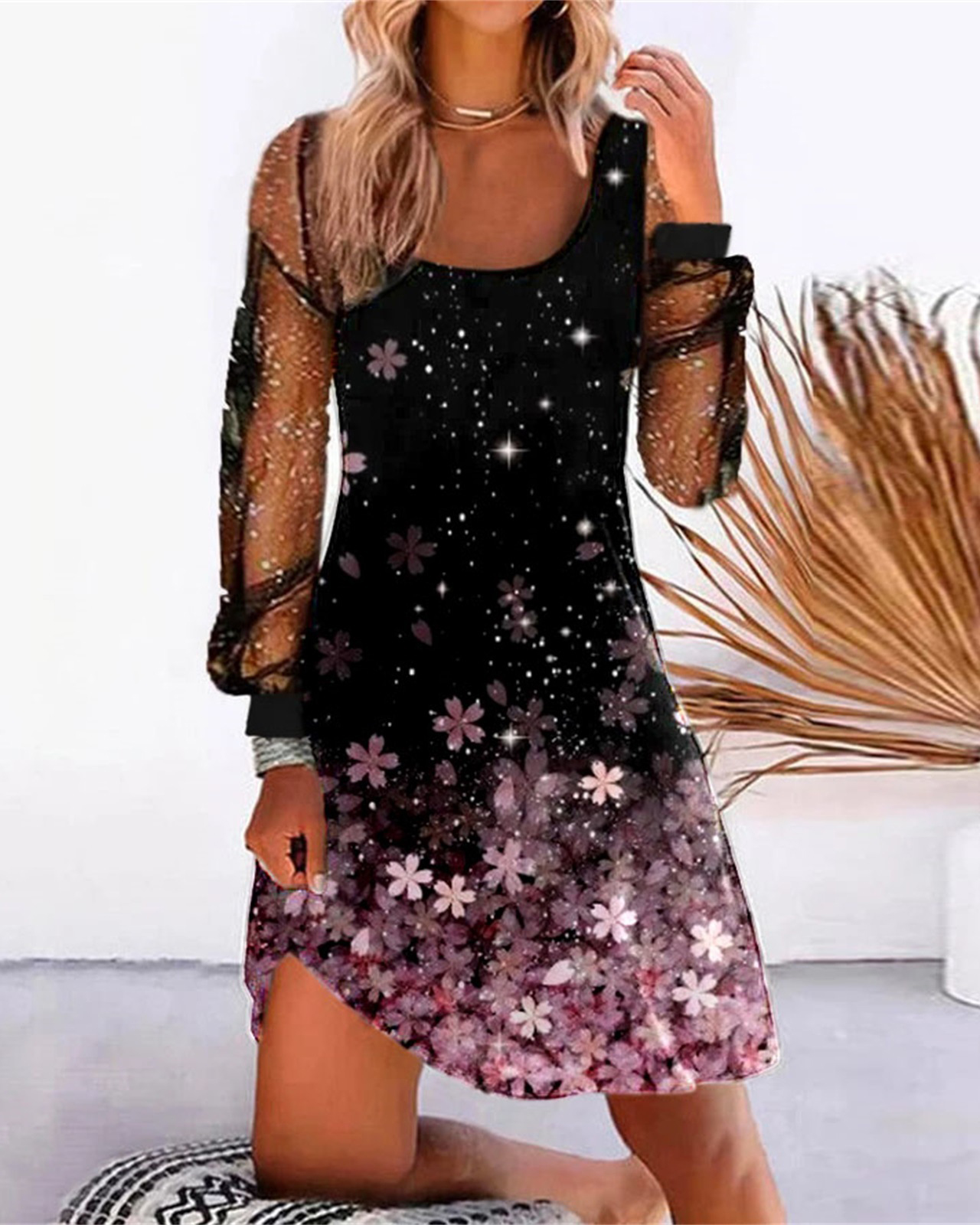 Sexy Printed Panel Mesh Dress