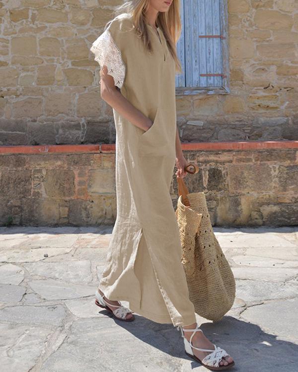 Women Casual V-Neck Cotton And Linen Lace Short Sleeved Plus Size Dress