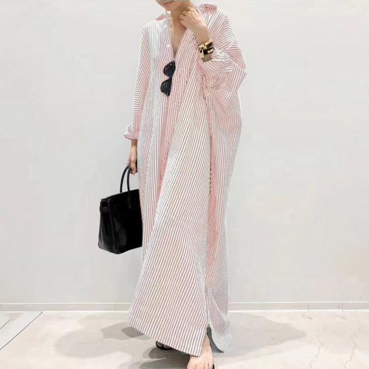 Women's Striped Button Print Shift Maxi Long Dress