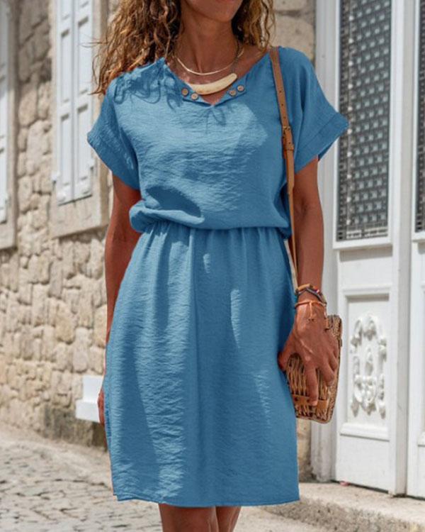 Basic Solid V Neck Linen Cotton A-Line Midi Dress