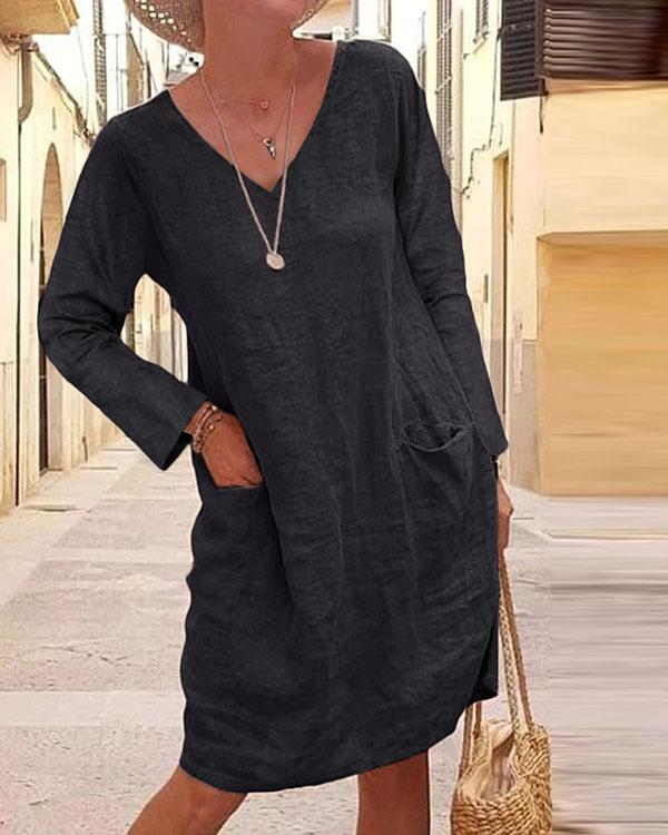 Casual Solid Tunic V-neckline Shift Dress