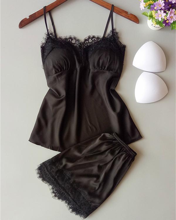 Satin Eyelash Lace Cami Set