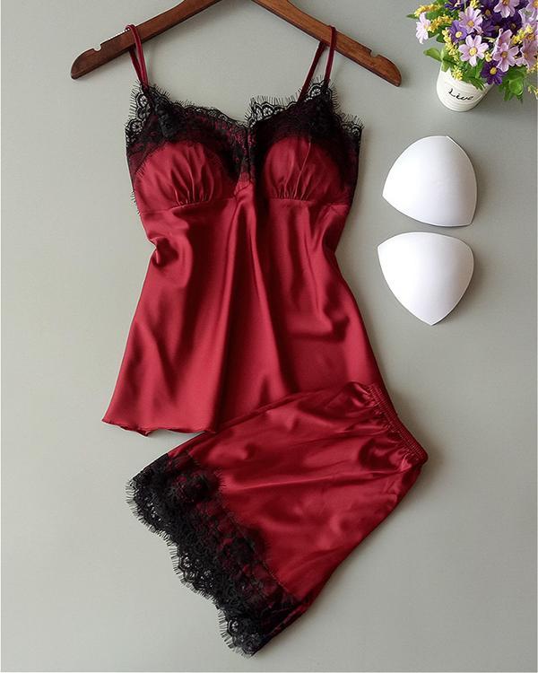 Satin Eyelash Lace Cami Set