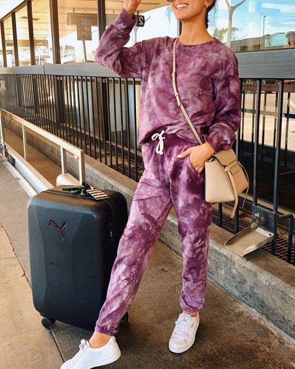 Loose Crew Neck Tie Dye Waist Tie Sweatsuit