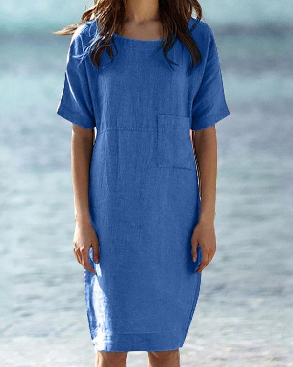 Solid Round Neck Linen Cotton Midi Dress With Pocket