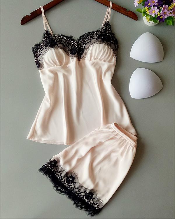 Satin Eyelash Lace Cami Set