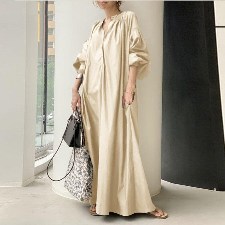 Women Collar V-Neck Puff Sleeve Solid Casual Maxi Dress