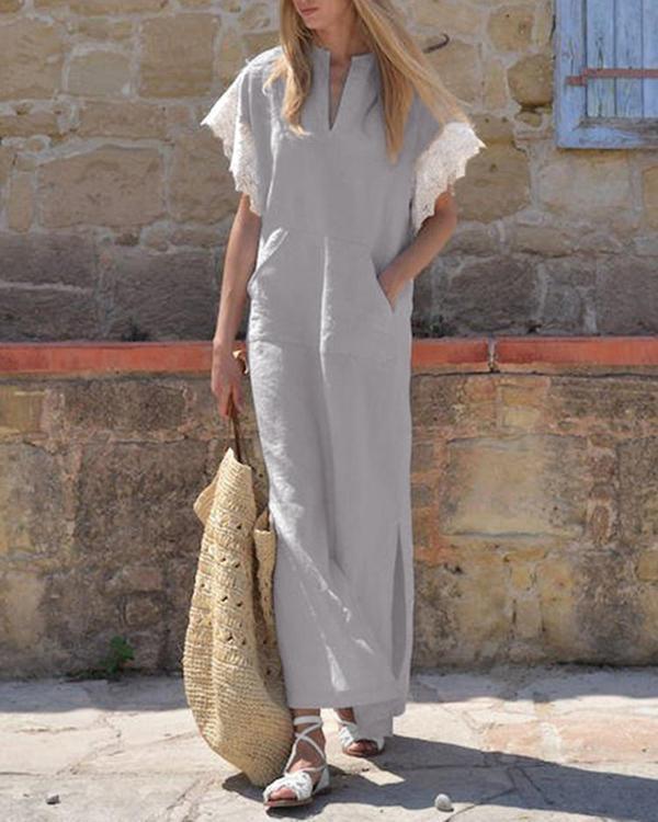 Women Casual V-Neck Cotton And Linen Lace Short Sleeved Plus Size Dress