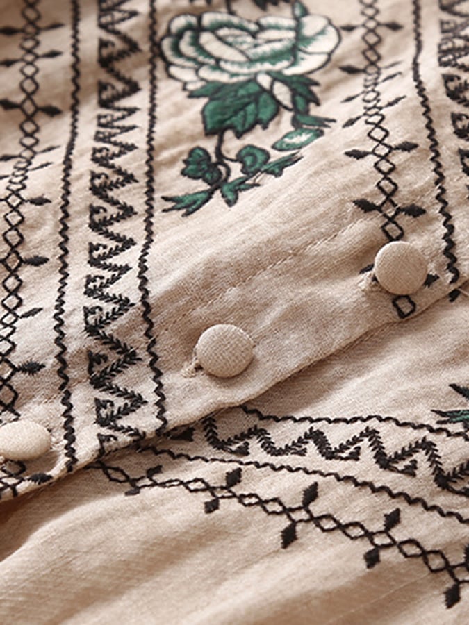 Cotton And Linen Ethnic Style Embroidery Loose Casual Slit V-neck Dress