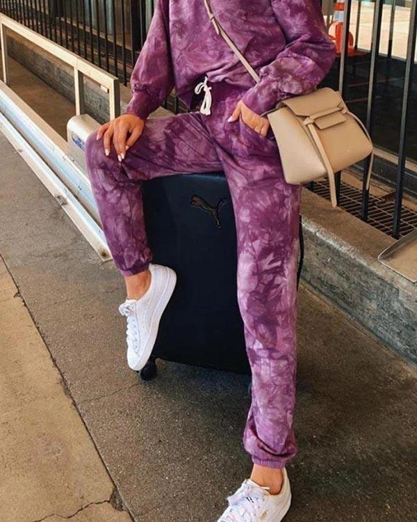 Loose Crew Neck Tie Dye Waist Tie Sweatsuit